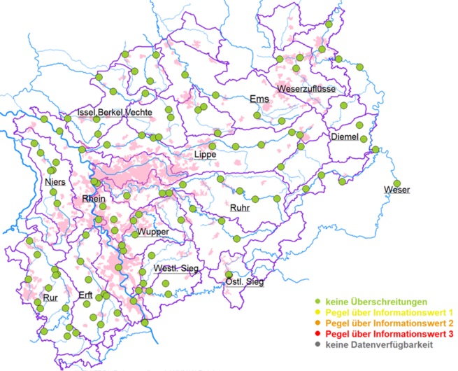 Gewässersituation in NRW: Pegel mit Überschreitung von Hochwasserinformationswerten im Juli 2026 (Stand: 31.07.26)