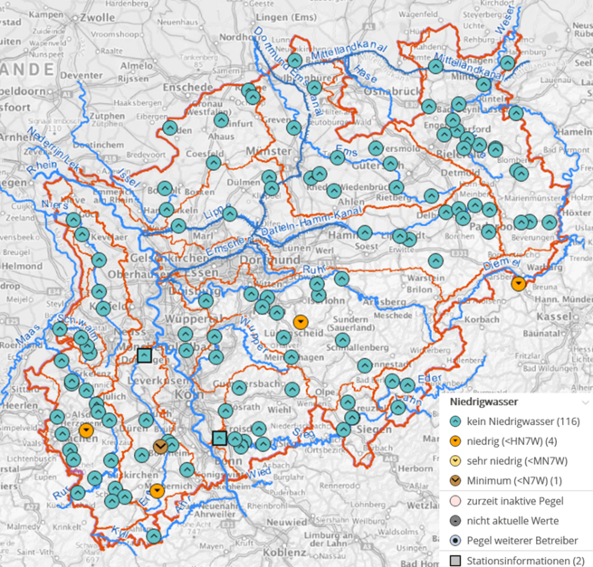 Gewässersituation in NRW: Pegel mit Unterschreitungen ausgewählter Niedrigwasserkennwerte Ende März 2026 (Stand: 01.04.26)