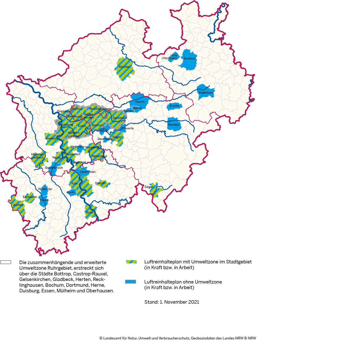 Karte von NRW mit eingezeichneten Gebieten mit Luftreinhalteplänen und Umweltzonen