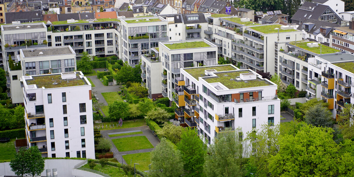 Blick auf Wohnblocks mit Gründächern und grünen Gärten und Bäumen