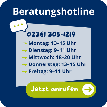 Ihr habt Fragen zum Wettbewerb oder zu eurer Projektidee? Ruft uns einfach an – wir helfen euch gern weiter. Ihr erreicht unsere Hotline unter 02361 3051219 zu diesen Zeiten: Montag und Donnerstag: 13–15 Uhr Mittwoch: 18–20 Uhr Dienstag & Freitag: 9–11 Uhr