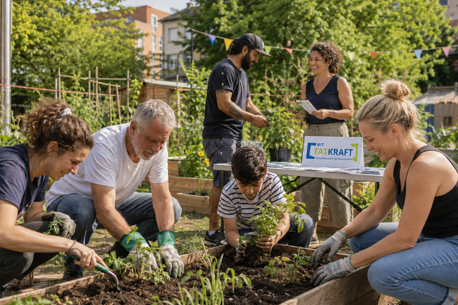 Eine Gruppe aus 6 Personen, die in einem Gemeinschaftsgarten arbeitet